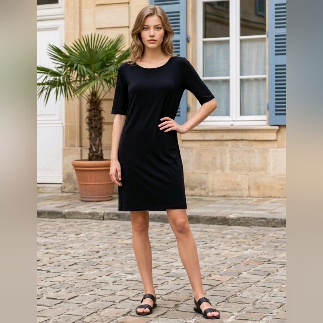 Eileen Fisher Black Half Sleeve Knee-Length Jersey Midi Shift Dress M Euc